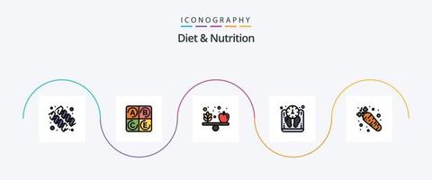 diet och näring linje fylld platt 5 ikon packa Inklusive mat. morot. diet. skala. massa vektor