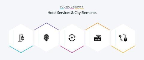 Hotelservices und Stadtelemente 25 Glyphen-Icon-Pack inklusive Gerät. W-lan. Portier. Hotel. Service vektor