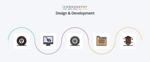 Design- und Entwicklungslinie gefülltes flaches 5-Icon-Paket einschließlich Codierung. Thema. Optionen. Registerkarten. Web Entwicklung vektor