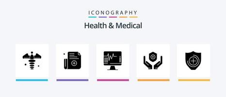 Symbolpaket für Gesundheit und medizinische Glyphe 5 einschließlich Schild. medizinisch. Herzschlag. Handpflege. Medizin. kreatives Symboldesign vektor