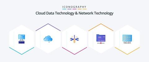 Cloud-Datentechnologie und Netzwerktechnologie 25 Flat Icon Pack einschließlich Computer. Lagerung. Wolke. Server. Mappe vektor