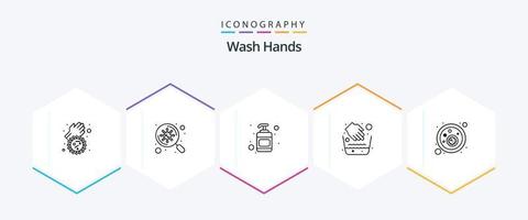 tvätta händer 25 linje ikon packa Inklusive covid. blod bakterie. lotion. vatten skål. hygien vektor