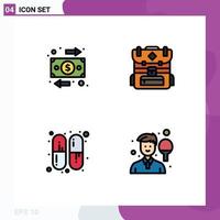 Gruppe von 4 gefüllten flachen Farben Zeichen und Symbolen für Flow Pills Money Hiking Boy editierbare Vektordesign-Elemente vektor