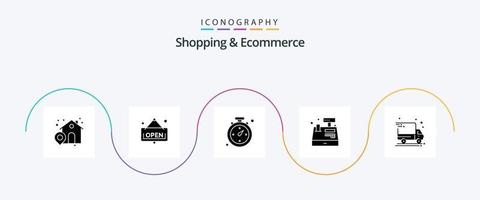 Shopping und E-Commerce Glyph 5 Icon Pack inklusive . Paketzustellung. Einkaufen. Lieferwagen. Einkaufen vektor