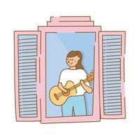 kvinna som spelar gitarr i lägenhetsfönstret för stil i karantän i fri form vektor