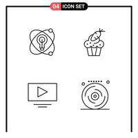 Packung mit 4 modernen Filledline-Flachfarben Zeichen und Symbolen für Web-Printmedien wie Atom Video Bulb Food Youtube editierbare Vektordesign-Elemente vektor