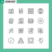 Stock Vector Icon Pack mit 16 Zeilen Zeichen und Symbolen für Dokument Globe Notebook Global Web editierbare Vektordesign-Elemente