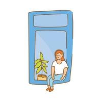 Frau sitzt im Wohnungsfenster mit Zimmerpflanze für Quarantäne-Freiformstil vektor