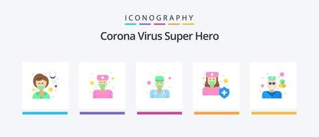 Corona-Virus Superheld Flat 5 Icon Pack inklusive Schild. Medizin. männlich. medizinisch. Arzt. kreatives Symboldesign vektor