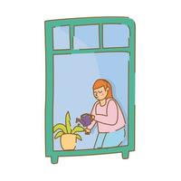 kvinna vård krukväxt i lägenhet fönster för karantän fri form stil vektor