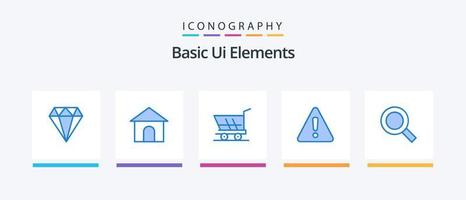 Basic UI Elements Blue 5 Icon Pack inklusive Suche. Zeichen. Wagen. Warnung. Alarm. kreatives Symboldesign vektor