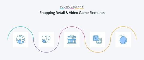 Shopping Einzelhandel und Videospielelemente Blue 5 Icon Pack inklusive Sprengstoff. Wahrscheinlichkeit. Laden. Spielen. Markt vektor