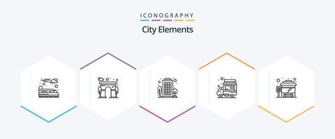 stad element 25 linje ikon packa Inklusive stad buss terminal. buss. stad. mat bås. affär vektor
