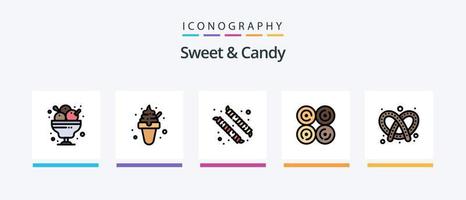 ljuv och godis linje fylld 5 ikon packa Inklusive efterrätt. marshmallow. gelé varit. godis. sötsaker. kreativ ikoner design vektor