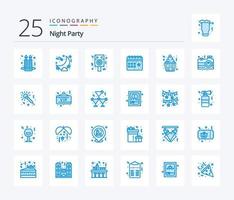 Night Party 25 blaues Icon Pack inklusive Kuchen. Nacht. Lautsprecher. Feier. Kalender vektor