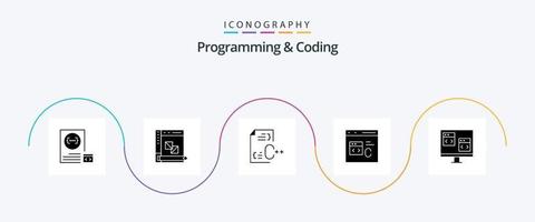 programmering och kodning glyf 5 ikon packa Inklusive kodning. c. panel. fil. utveckla vektor