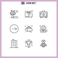 Stock Vector Icon Pack mit 9 Zeilenzeichen und Symbolen für Schmuckkronengeschenk Rechtspfeile editierbare Vektordesign-Elemente