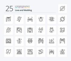 Hochzeit 25-Zeilen-Icon-Pack inklusive App. Ring. Abendessen. Schmuck. Geschenk Diamant vektor