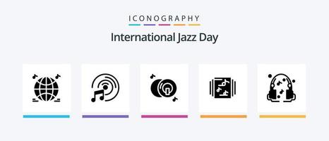 internationell jazz dag glyf 5 ikon packa Inklusive . bibliotek . samling . multimedia. kreativ ikoner design vektor