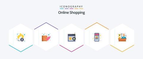 Online-Shopping 25 Flat Icon Pack inklusive Shopping. Verbraucher. Qualität. Wagen. mobiles einkaufen vektor