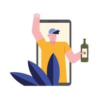 ung man med vinflaska firar i smartphone vektor