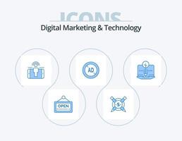 digitales Marketing und Technologie blau Icon Pack 5 Icon Design. Inhalt. Digital. Engagement. Werbeblocker. Anzeige vektor