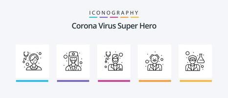 korona virus super hjälte linje 5 ikon packa Inklusive flicka. kvinna. ansikte. sjuksköterska. sjukvård. kreativ ikoner design vektor