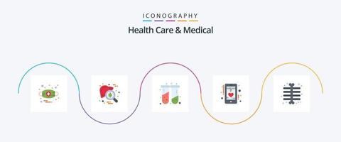 hälsa vård och medicinsk platt 5 ikon packa Inklusive telefon. hjärta. virus. ecg. testa rör vektor
