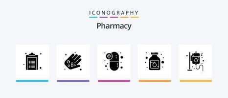 apotek glyf 5 ikon packa Inklusive hälsa. medicin. kapsel. medicin. flaska. kreativ ikoner design vektor