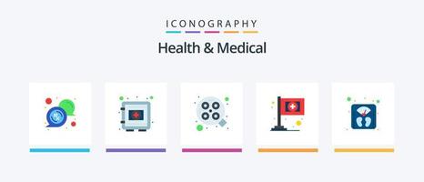 hälsa och medicinsk platt 5 ikon packa Inklusive skala. medicinsk. säkerhet låda. flagga. kirurgisk. kreativ ikoner design vektor