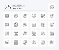 Gesundheitswesen 25-Zeilen-Icon-Pack einschließlich Messung. Apotheke. Entladung. Medizin Schüssel. Mespital vektor