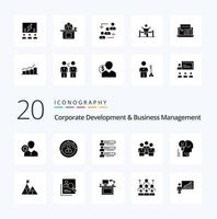 20 Solid Glyph Icon Pack für Unternehmensentwicklung und Unternehmensführung wie Profildiagramme mit Fähigkeitenprofil vektor