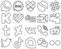 20 Premium- und professionelle Social-Media-Icons mit schwarzem Umriss wie deviantart. mein Platz. Kickstarter- und Google Meet-Symbole. edel und hochwertig vektor