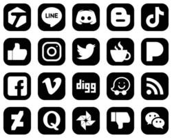 20 moderne weiße Social-Media-Symbole auf schwarzem Hintergrund wie Instagram. Tiktok- und Facebook-Symbole. hochwertig und modern vektor