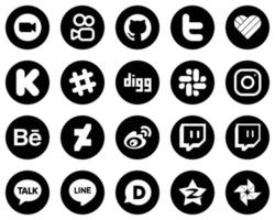20 rena vit social media ikoner på svart bakgrund sådan som behance. meta. gillar. Instagram och digg ikoner. modern och minimalistisk vektor