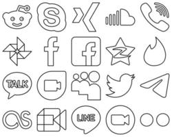 20 auffällige Social-Media-Symbole mit schwarzen Linien wie Tinder. zehn Cent. raketen. qzone- und fb-symbole. hochwertig und minimalistisch vektor