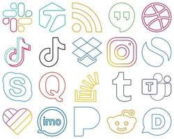 20 auffällige Social-Media-Symbole mit farbenfrohen Umrissen wie Chat. einfach. Video und Instagram vollständig bearbeitbar und einzigartig vektor