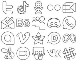 20 hochwertige und moderne Social-Media-Icons mit schwarzem Umriss wie Message. mein Platz. Flickr- und Behance-Symbole. elegant und hochauflösend vektor