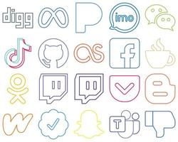 20 einfache und minimalistische Social-Media-Icons mit farbenfrohen Umrissen wie Facebook. github. wechat und video vollständig anpassbar und professionell vektor