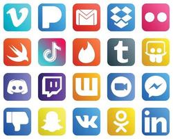 20 moderne Social-Media-Symbole wie Slideshare. Tinder. Yahoo- und Videosymbole. kreativ und auffällig vektor