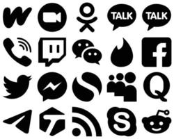 20 elegante schwarze solide Social-Media-Icons wie Facebook. Viber. Zunder- und Wechat-Symbole. kreativ und auffällig vektor