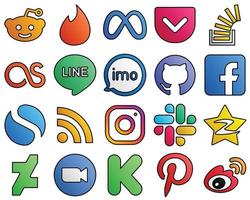 20 vielseitige Symbole fb. github. überlauf und audio gefüllte linienstil social media symbolsatz vektor