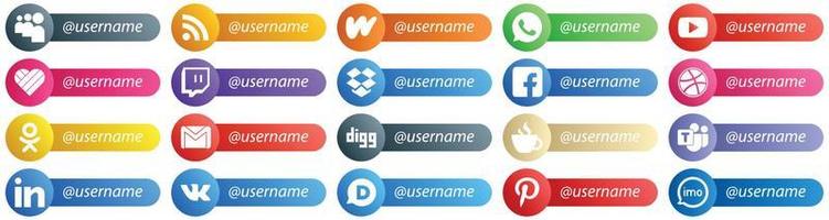 Social-Media-Plattform-Kartenstil Folgen Sie mir Symbole 20 Pack wie E-Mail. odnoklassniki. wie. Dribbble- und fb-Symbole. vollständig editierbar und professionell vektor