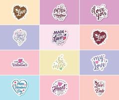 Feiern Sie die Liebe am Valentinstag mit wunderschönen Typografie-Aufklebern vektor