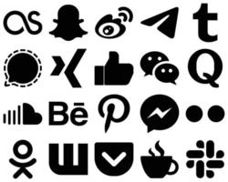 20 hochwertige schwarze solide Icon-Sets wie Messenger. Facebook und Like-Symbole. elegant und einzigartig vektor