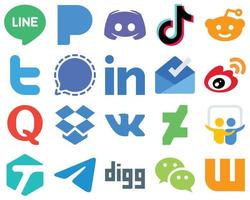 20 flache Social-Media-Icons für ein minimalistisches Design linkedin. Bote. Video. Signal- und Twitter-Symbole. einzigartiges Gradienten-Icon-Set vektor