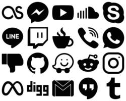 20 professionelle schwarze solide Social-Media-Icon-Sets wie Rakuten. Musik. Streaming- und Twitch-Symbole. professionell und sauber vektor