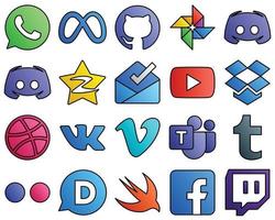 20 stilvolle Ikonen vk. Dropbox. Sammlung von Symbolen für soziale Medien im Linienstil mit Videos und Posteingängen vektor