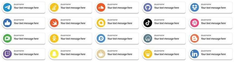20 Kartenstil Folgen Sie mir Social-Media-Plattformsymbole mit benutzerdefinierter Nachrichtenoption wie Douyin. google allo. Klang. schnell und wie Ikonen. Hochauflösend und vielseitig vektor