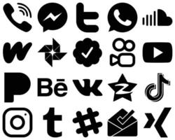20 professionelle schwarze Social-Media-Symbole wie YouTube. Twitter verifiziertes Abzeichen. WhatsApp. Google Foto- und Wattpad-Symbole. Hochauflösend und vollständig anpassbar vektor